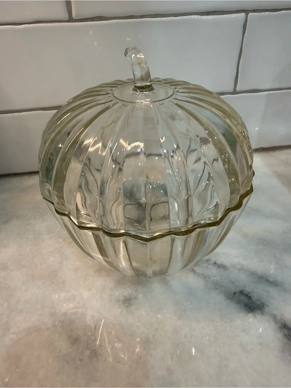 Pristine Condition Crystal Clear (Made In USA) Apple Candy Lidded Jar-6
